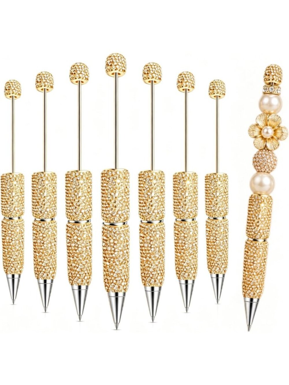 7 Pack Gold Rhinestone DIY Bead Pens, Black Ink, Craft Supplies, Stylish Writing